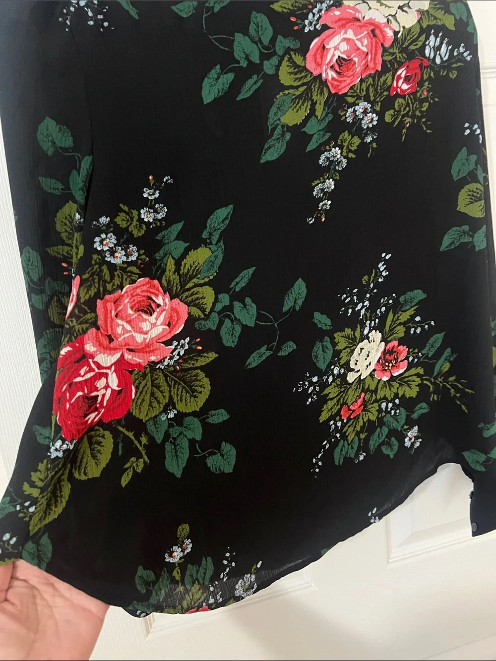 LOFT Black Floral High-Neck Long-Sleeve Blouse with Pink and Cream Roses